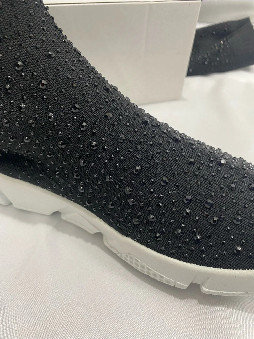 Black Over-the-Knee Embellished Sock Boots with White Sole